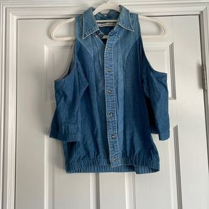 Recollection recycled denim button down with cold shoulder